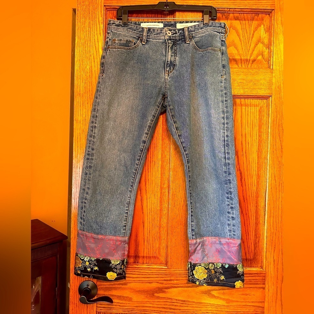 Anthropology Pilcro and Letterpress Slim Crop Patchwork Hem Mid-Rise Jeans